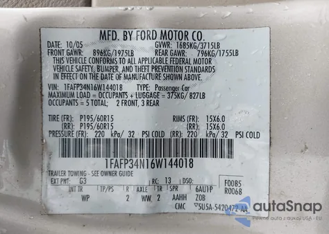 2006 Ford Focus Zx4 from USA, damaged, VIN 1FAFP34N16W144018